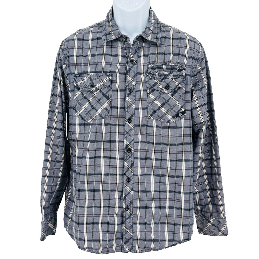 OCEAN CURRENT Button Down Shirt Charcoal Gray Plaid Cotton Men's Medium
